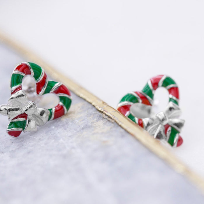 Sterling Silver Enamel Candy Cane Heart Stud Earrings