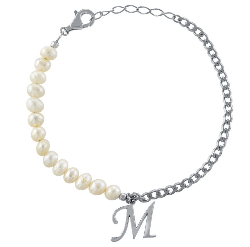 Half & Half Freshwater Pearl & Curb Chain Initial Bracelet