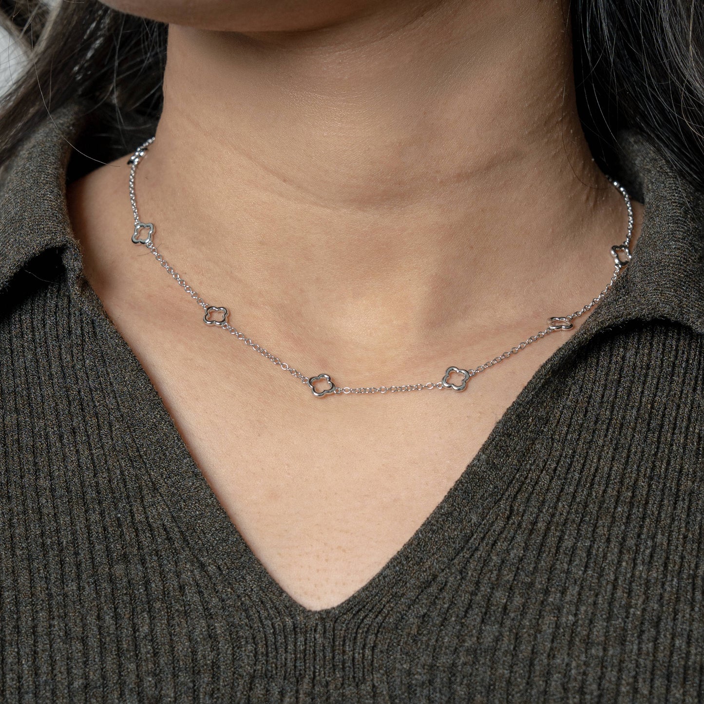 Sterling Silver Cutout Clover Station Necklace