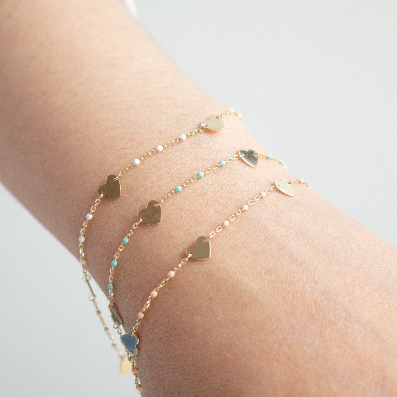 10K Yellow Gold Heart by the Yard Enamel Beads Bracelet