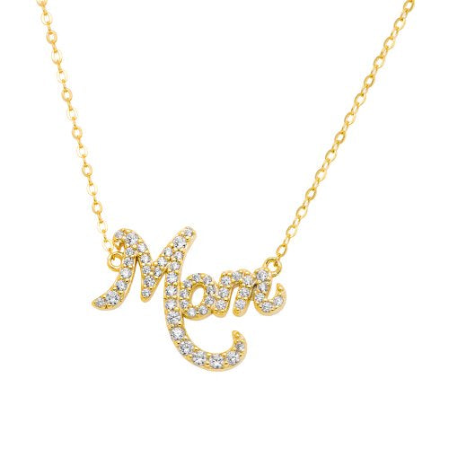 Sterling Silver Gold Plated Mom Necklace with Cubic Zirconia
