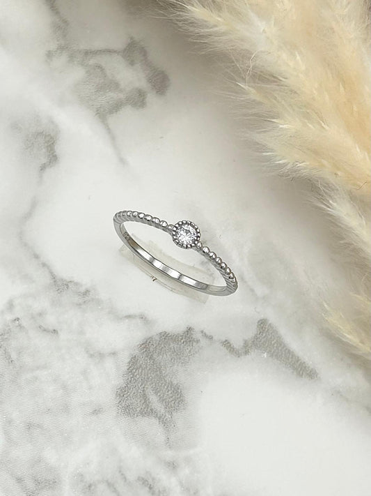 Round Solitaire Cubic Zirconia Beaded Halo Ring