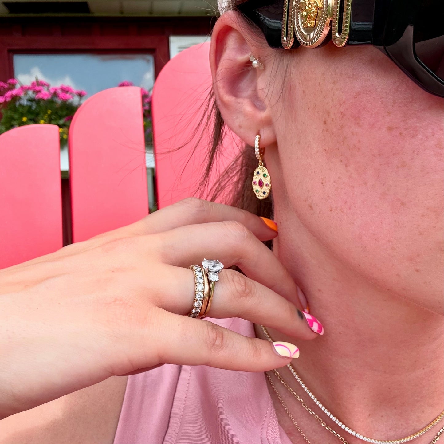 Golden Bloom textured drop earrings with multicolour cubic zirconia on gold huggie hoops – C’est la vie Jewellery

