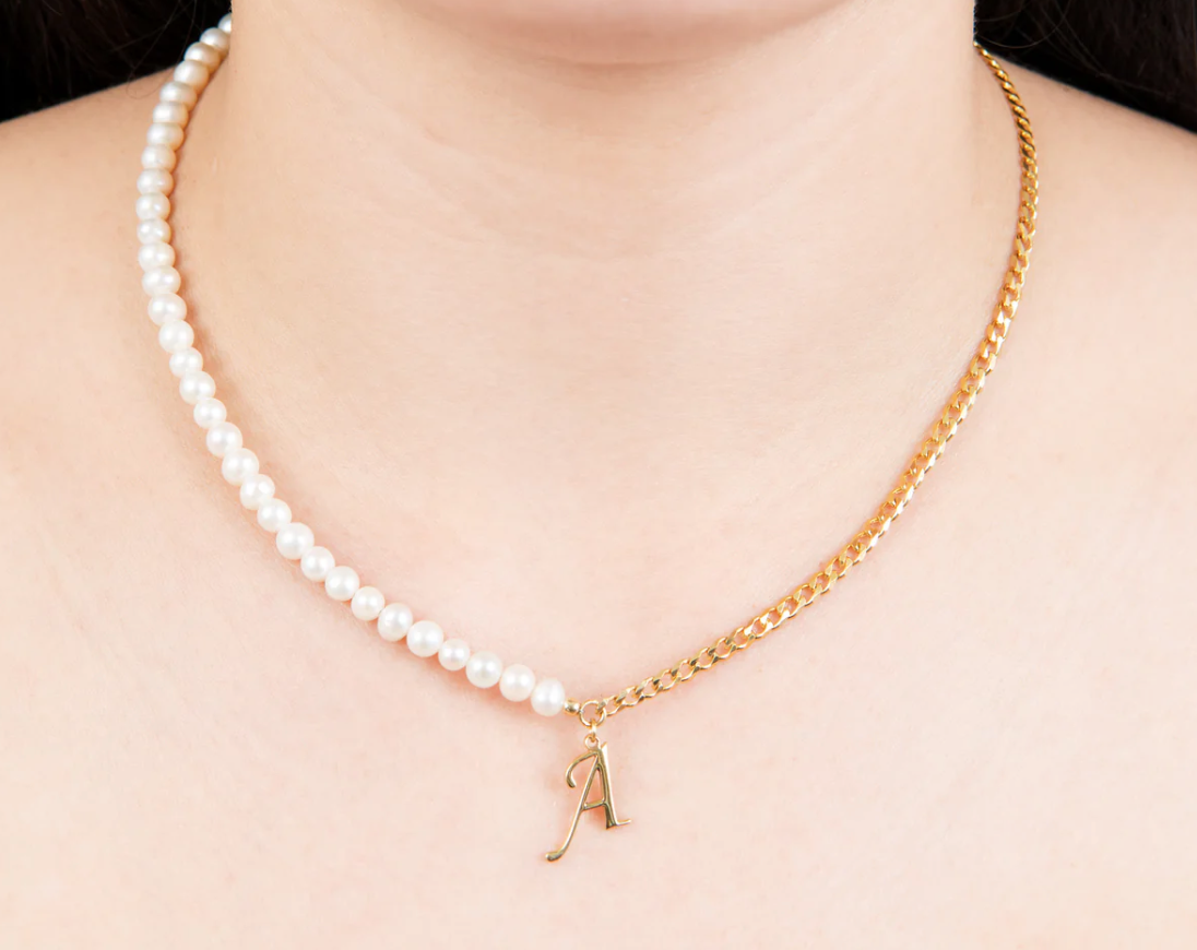 Personalized Freshwater Pearl & Curb Chain Initial Necklace