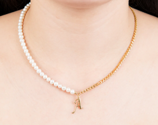 Personalized Freshwater Pearl & Curb Chain Initial Necklace