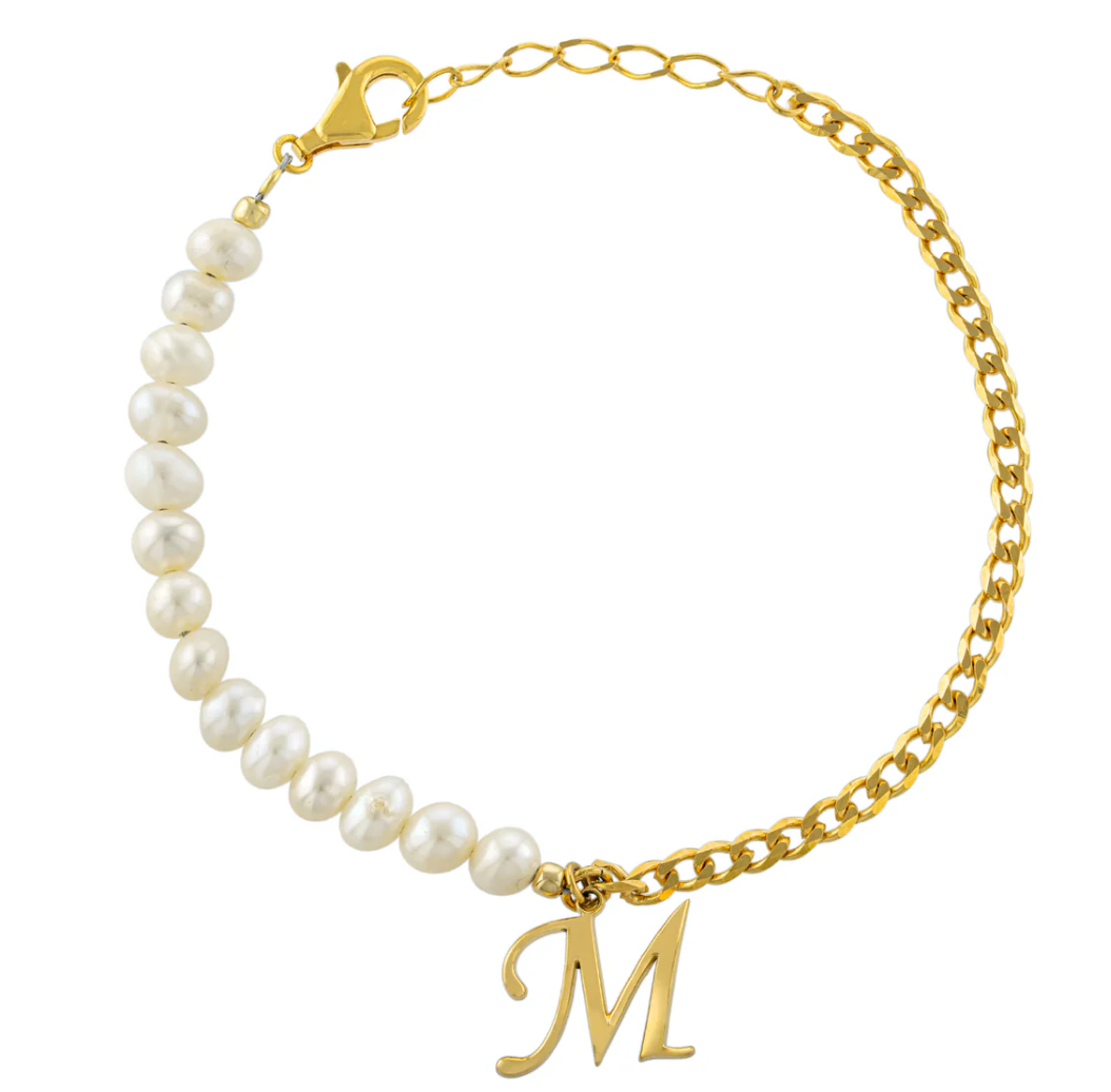 Half & Half Freshwater Pearl & Curb Chain Initial Bracelet