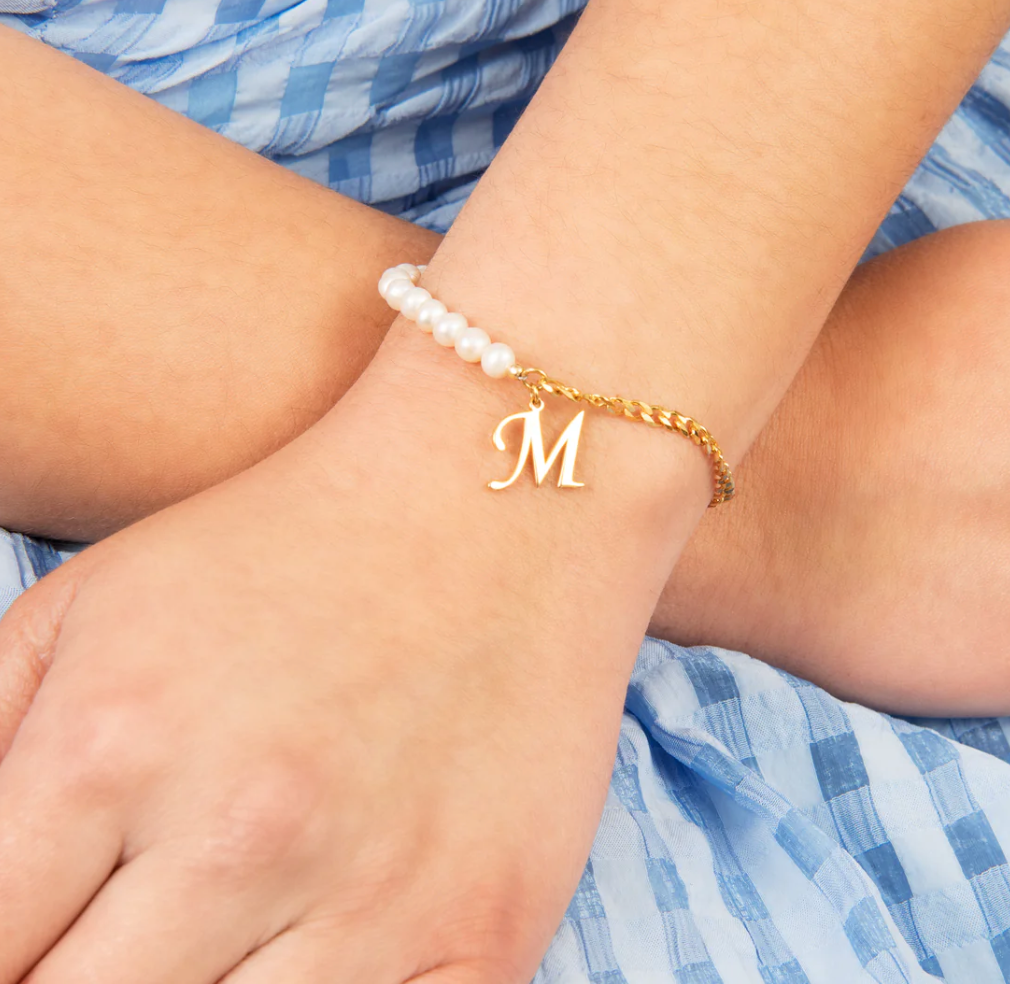 Half & Half Freshwater Pearl & Curb Chain Initial Bracelet