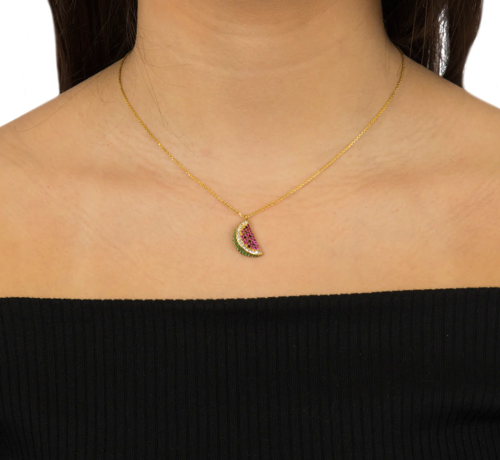 Watermelon slice necklace with pink and green cubic zirconia in gold over sterling silver – C’est la vie Jewellery