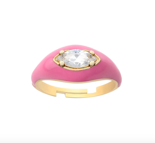 Pink enamel dome ring with marquise-cut cubic zirconia in gold over sterling silver – C’est la vie Jewellery