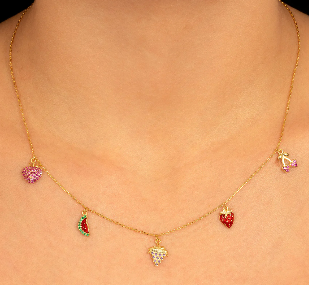 Fruit Punch necklace with multicolour cubic zirconia fruit charms in gold over sterling silver – C’est la vie Jewellery