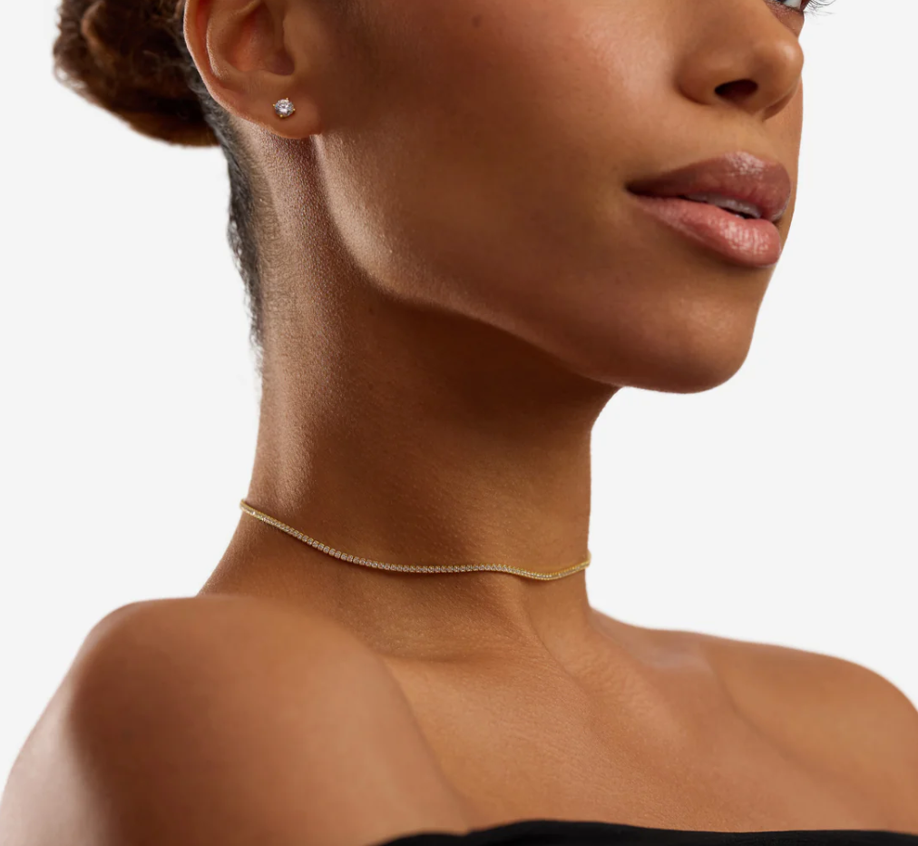 Luxe Line gold tennis choker necklace with 1mm cubic zirconia on model – C’est la vie Jewellery