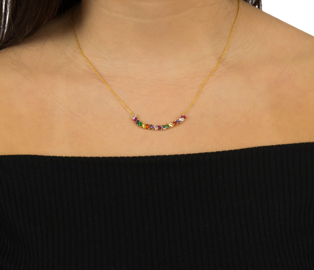 Pride rainbow baguette necklace in gold over sterling silver – multicolour bar design