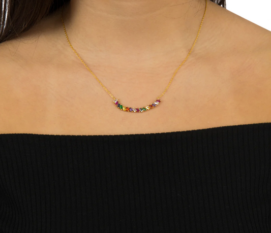 Pride rainbow baguette necklace in gold over sterling silver – multicolour bar design
