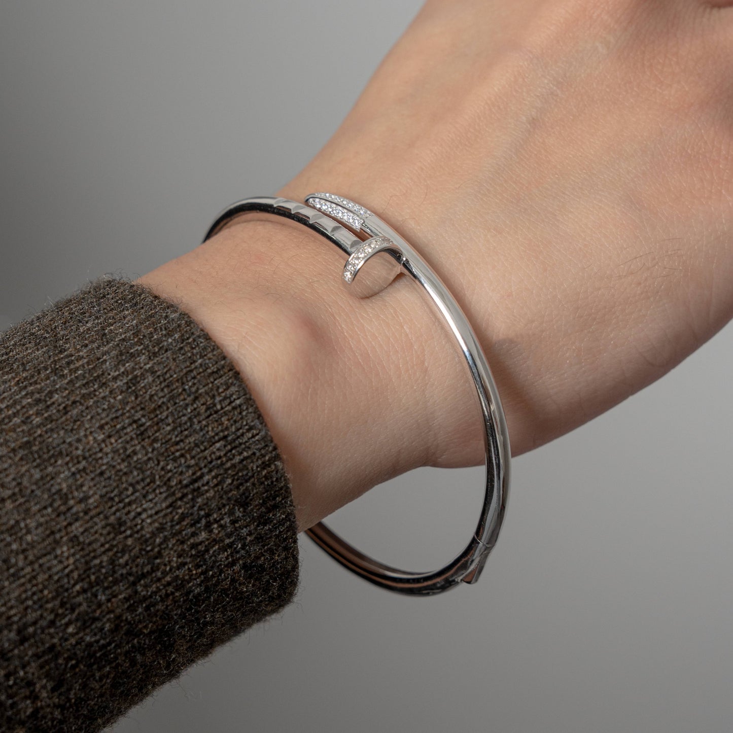 Sterling Silver Designer Inspired CZ Nail Open Bangle