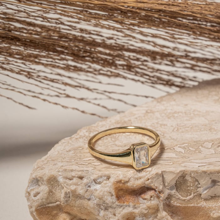 Sterling Silver Gold Vermeil Rectangular CZ Bezel Set Ring